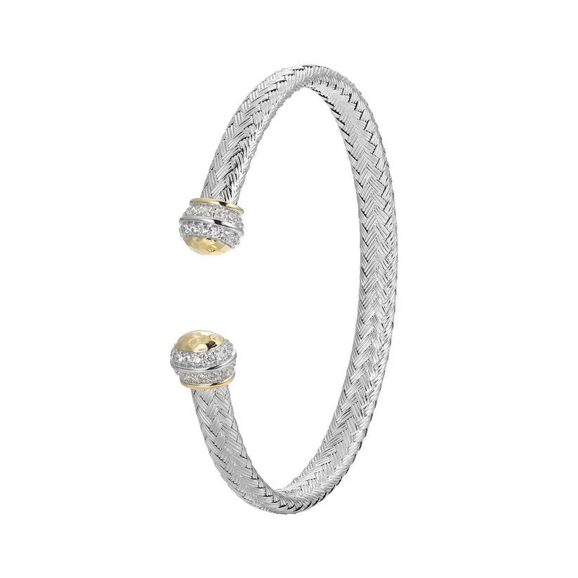 Sterling Silver Classic Mesh Cubic Zirconia Cuff Bangle Rhodium and Yellow Gold Finish