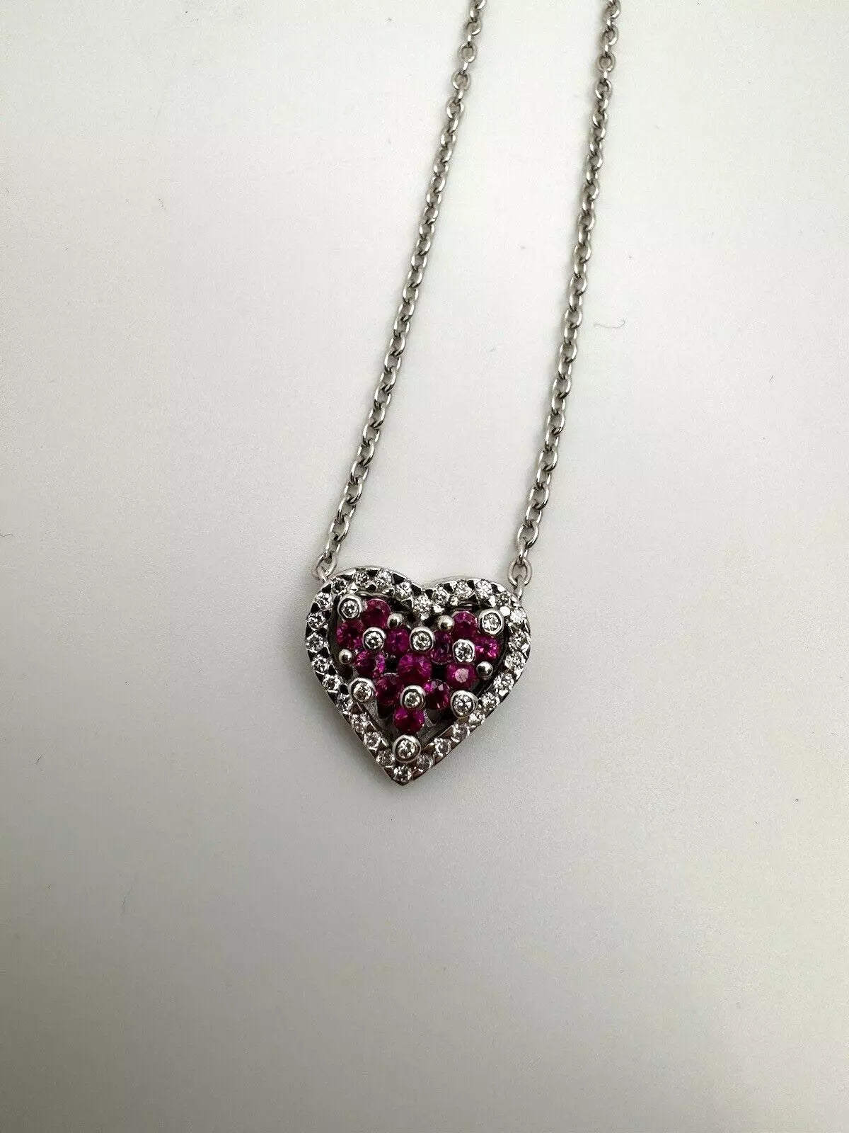 14k White Gold Diamond Heart Pendant With Rubies