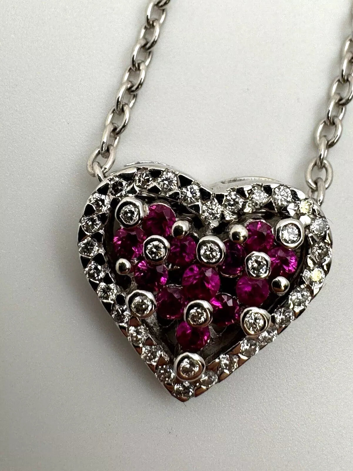 14k White Gold Diamond Heart Pendant With Rubies