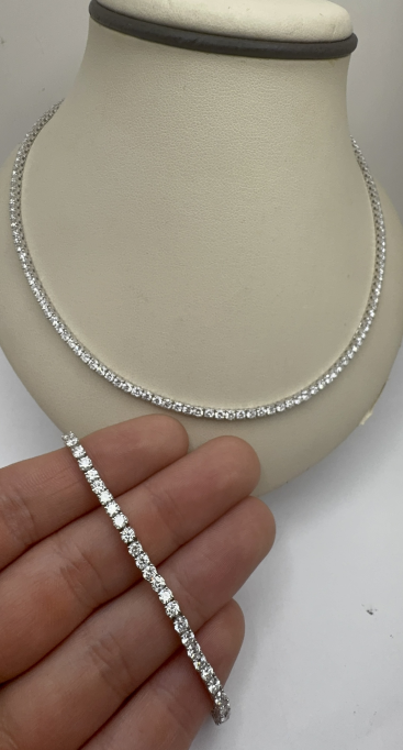Sterling Silver 925 Lab Grown bundle Diamond Tennis Eternity Necklace and Bracelet