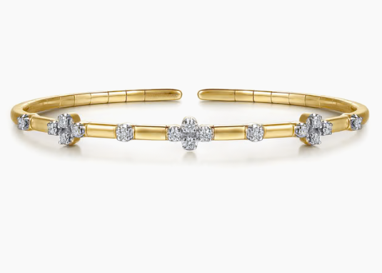 14K Yellow Gold Diamond Clover Station Cuff Bangle Bracelet by Gabriel & Co