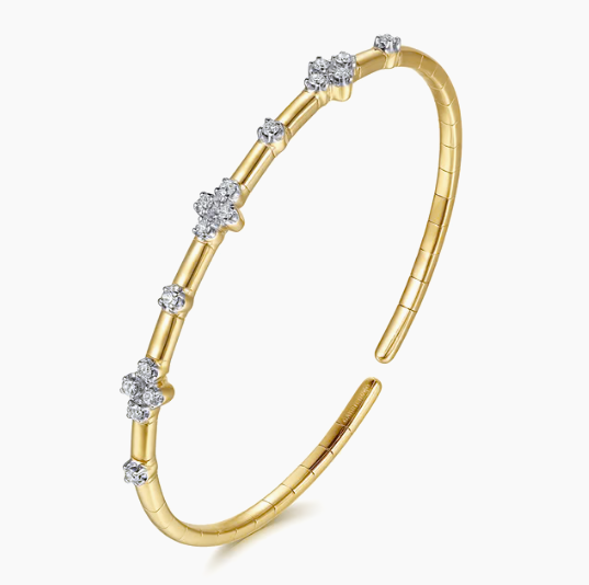 14K Yellow Gold Diamond Clover Station Cuff Bangle Bracelet by Gabriel &amp; Co