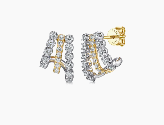 14K White Yellow Gold Multi Row Diamond J Hoop Earrings by Gabriel & Co.