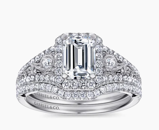 Marlena - Vintage Inspired 14K White Gold Emerald Halo Diamond Engagement Ring