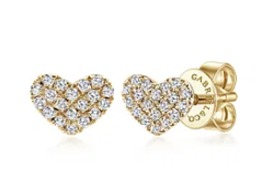14Kt Yellow Gold Heart Shaped Pave Diamond Stud Earrings