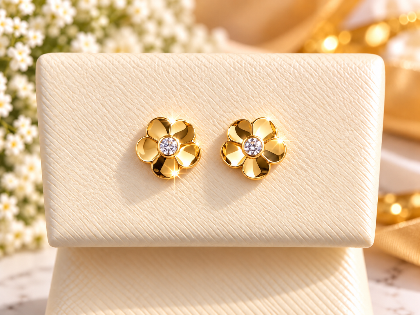 14K Yellow Gold Children Flower Stud Earrings with Diamond Accents – Elegant Floral Design