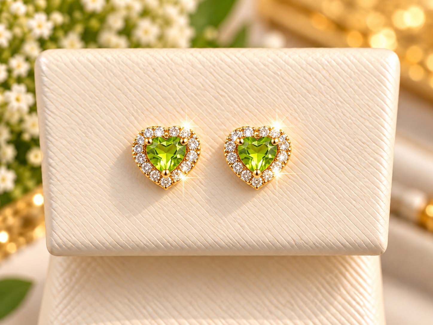 14K Yellow Gold Children Heart-Shaped Peridot & Halo Stud Earrings