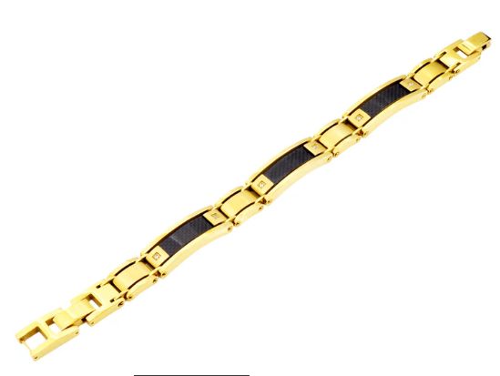 Men&#39;s Stainless Gold Plated Steel Bracelet W/ Carbon Fiber &amp; Cz&#39;s