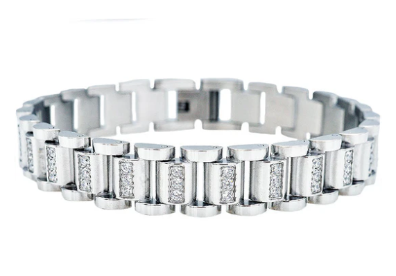 Men's Stainless Steel Link Bracelet W/ Cz's