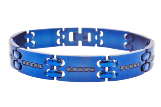 Men&#39;s Blue Stainless Steel Bracelet W/ Black Cz&#39;s