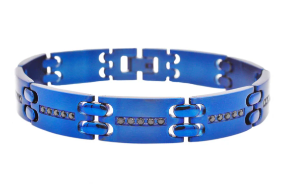 Men's Blue Stainless Steel Bracelet W/ Black Cz's