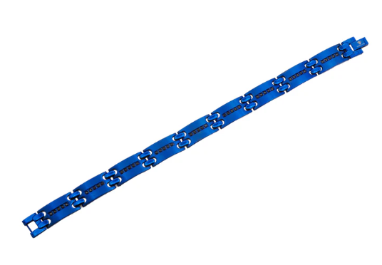 Men&#39;s Blue Stainless Steel Bracelet W/ Black Cz&#39;s