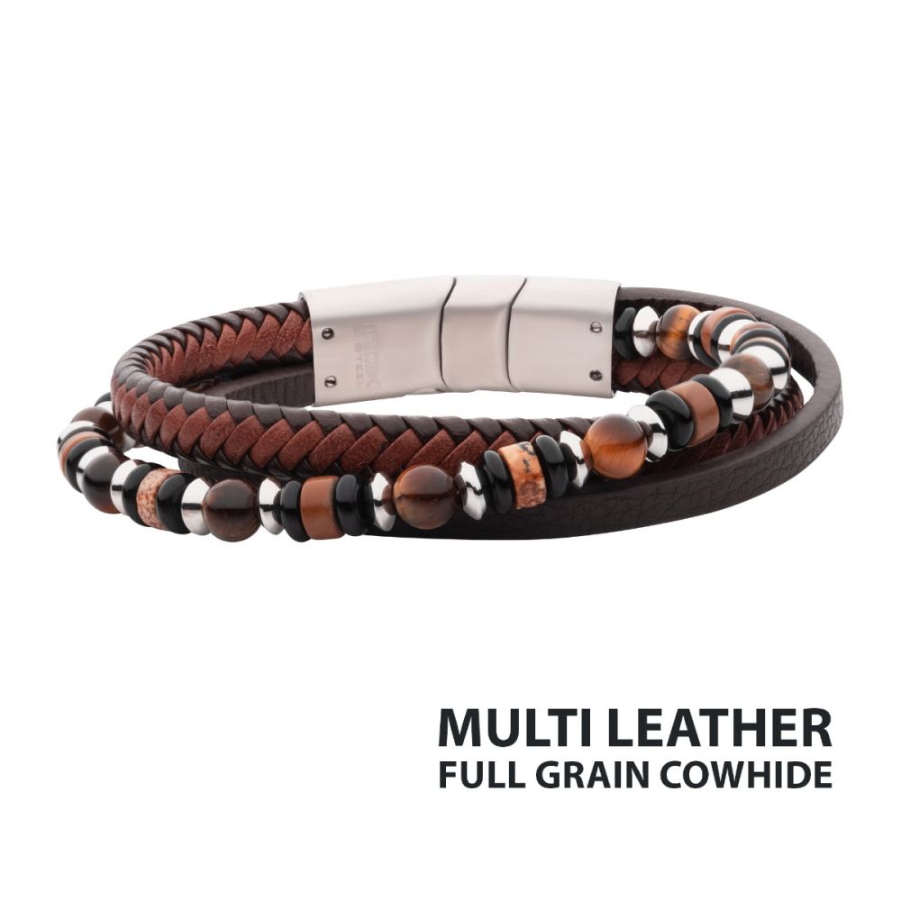 Brown Full Grain Cowhide Leather with Black Onyx,Tiger's Eye & Piccaso Jasper Stone Bead Multi-Strand Bracelet
