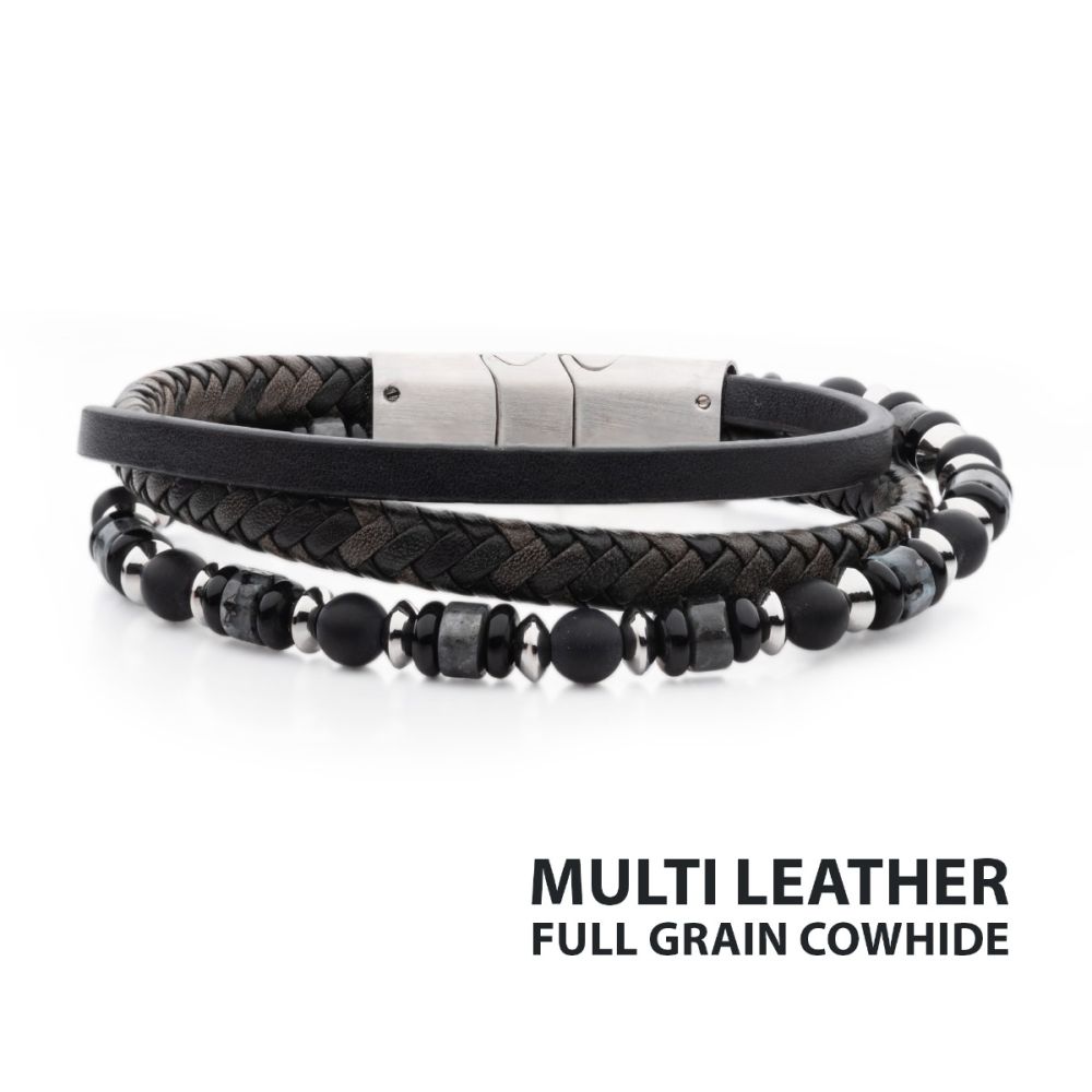 Black & Grey Full Grain Cowhide Leather with Black Onyx & White Howlite Stone Bead Multi-Strand Bracelet
