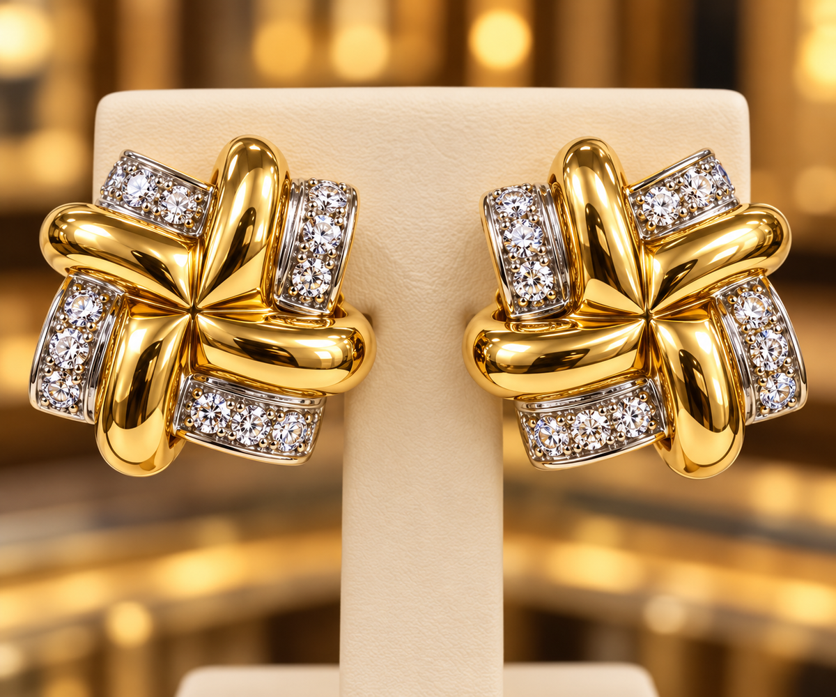 18K Yellow Gold Diamond Ribbon Knot Earrings