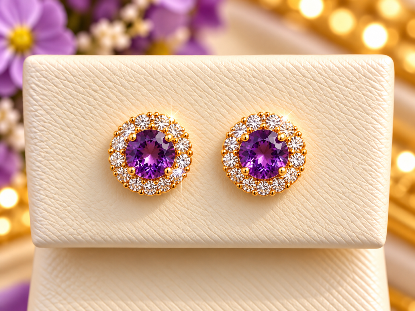 14K Yellow Gold Children Amethyst & CZ Halo Stud Earrings