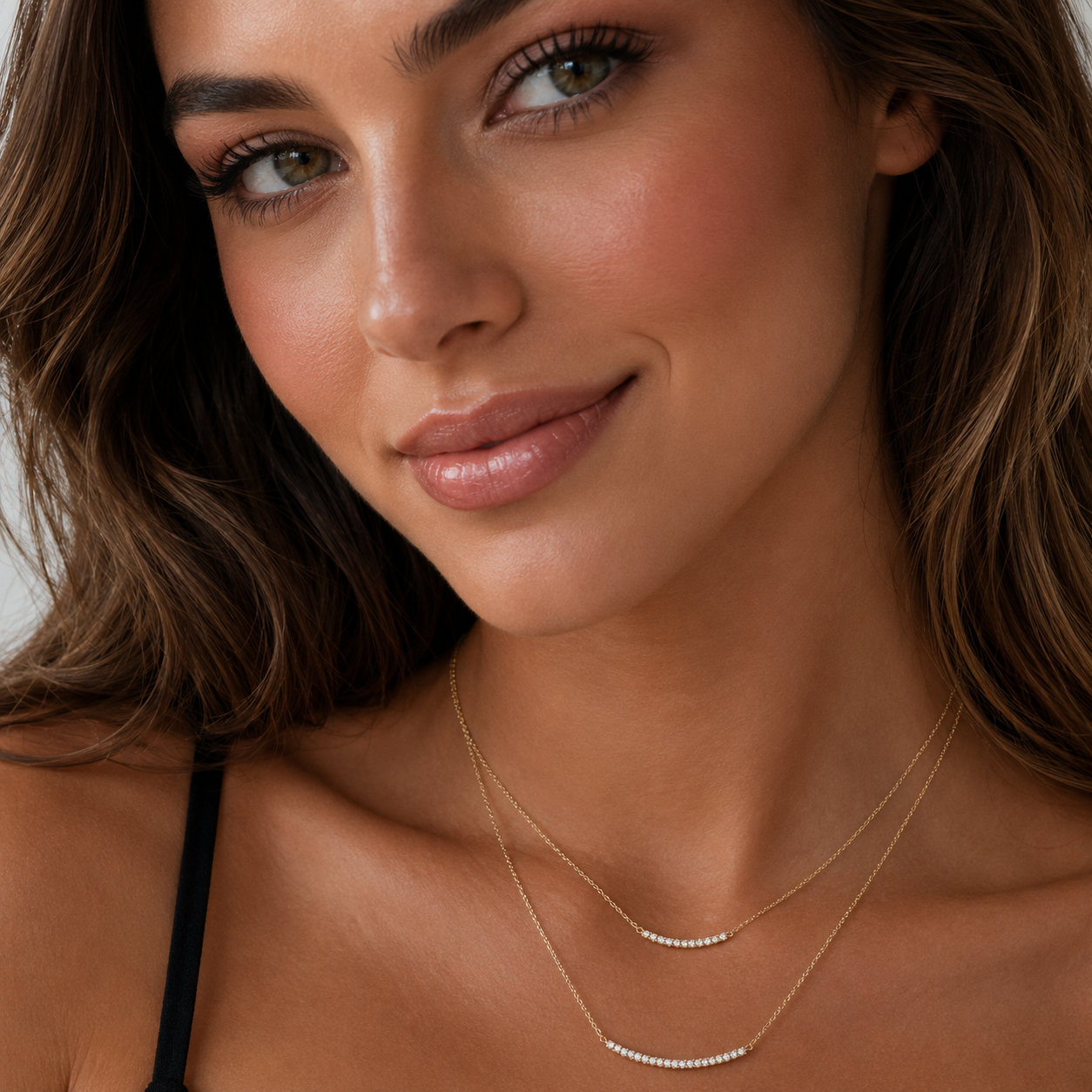 Two Strand 14K Yellow Gold Curved Diamond Bar Necklace