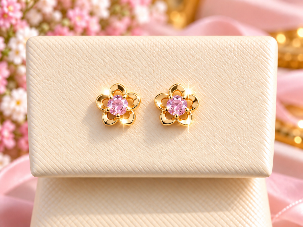 14K Yellow Gold Children Pink Gemstone Flower Stud Earrings with Screw Back Closures