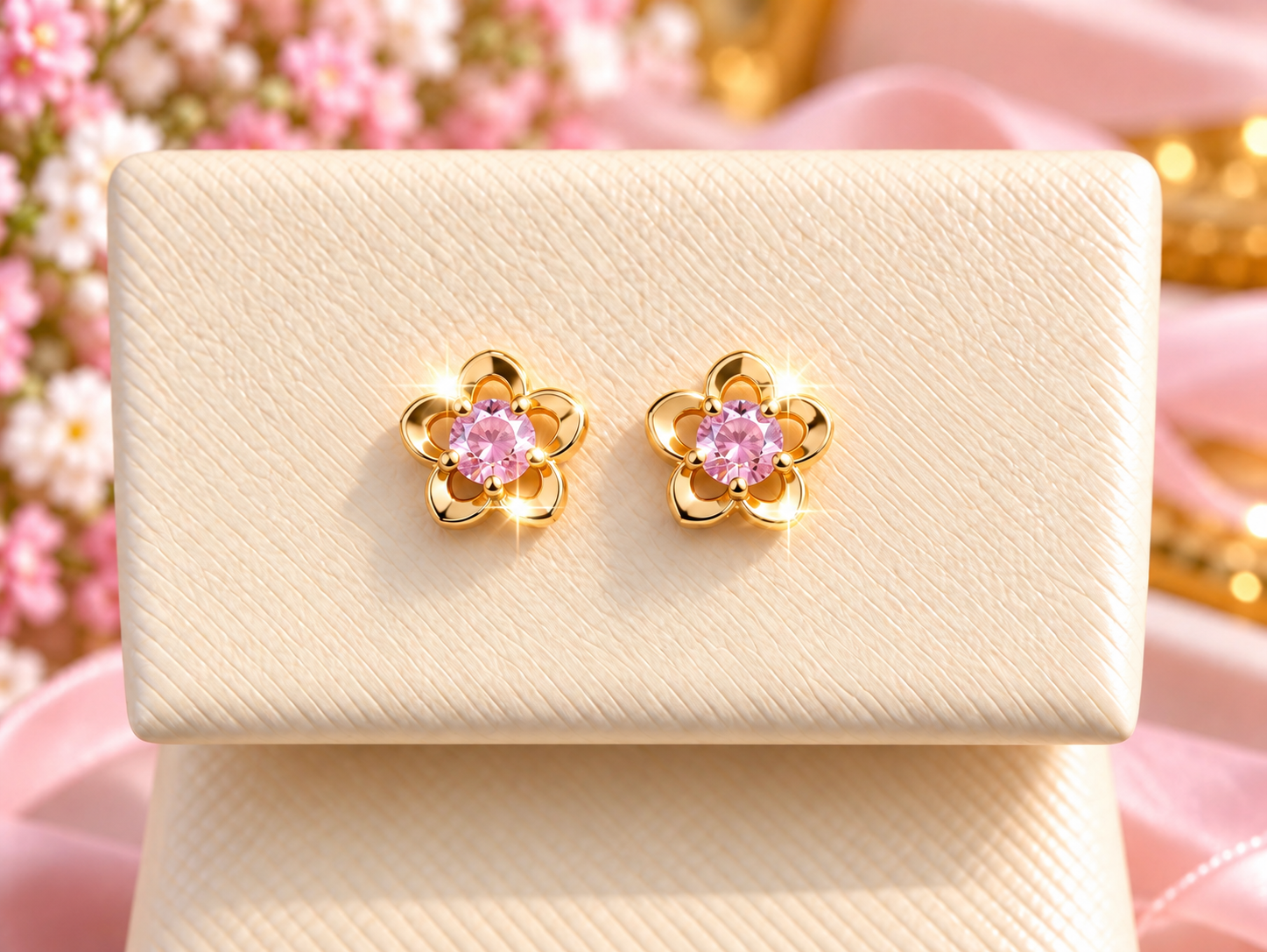 14K Yellow Gold Children Pink Gemstone Flower Stud Earrings with Screw Back Closures