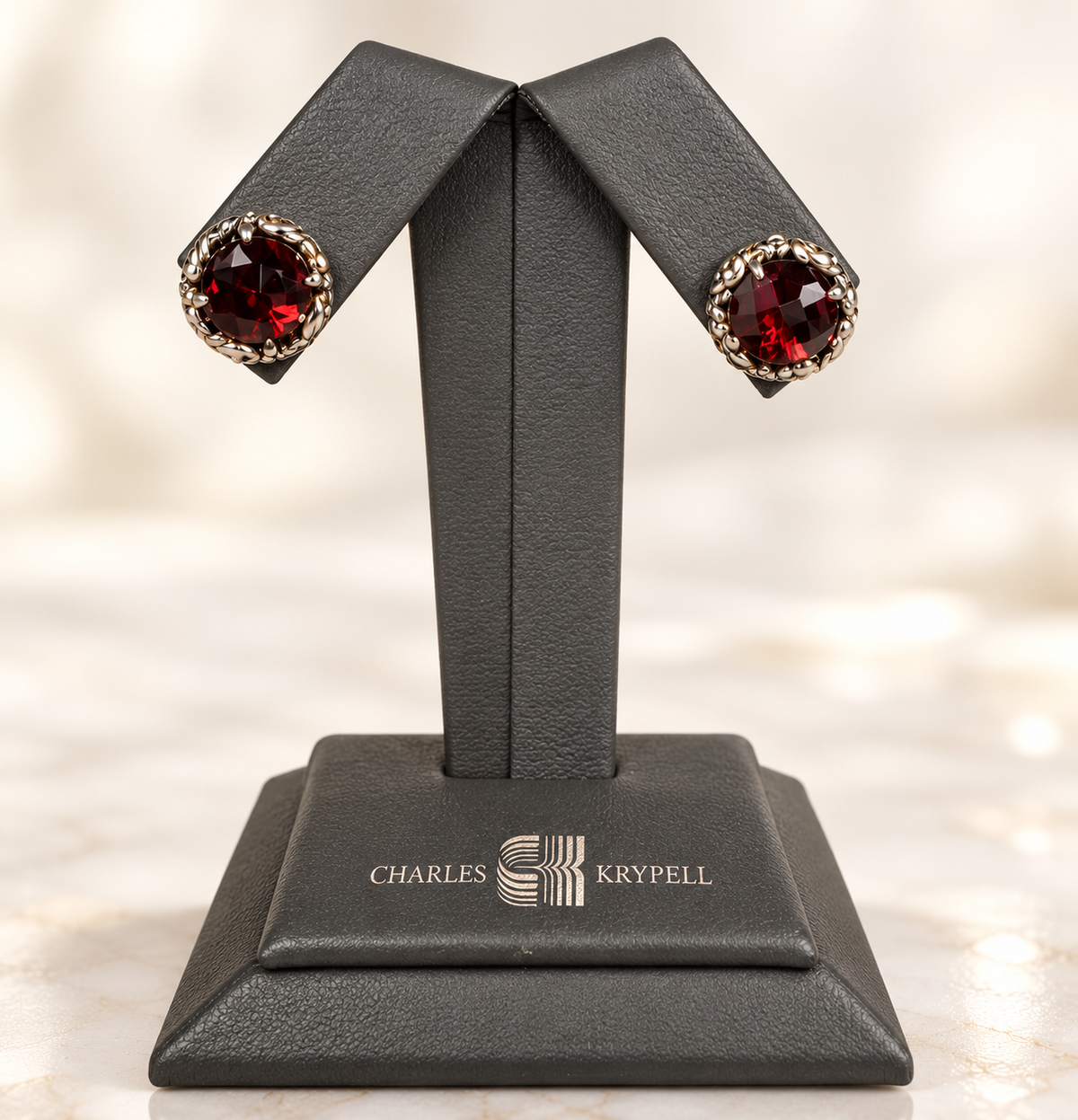 Charles Krypell Sterling Silver 8mm Round Garnet Stud Earrings