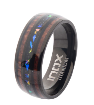 Titanium Black IP Wood & Opal Inlay Ring