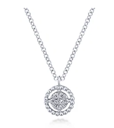 14K White Gold Beaded Round Floating Diamond Pendant Necklace