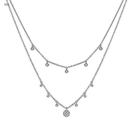 14k White Gold Layered Diamond Charm Drop Necklace