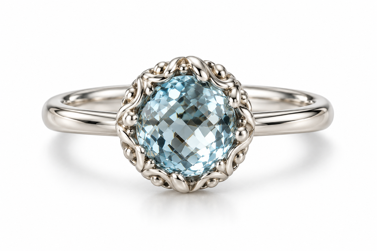 Charles Krypell Sterling Silver Blue Topaz Ring with Ornate Designer Setting