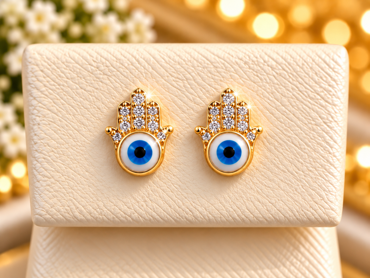 14K Yellow Gold Children Hamsa Evil Eye Stud Earrings with CZ Accents