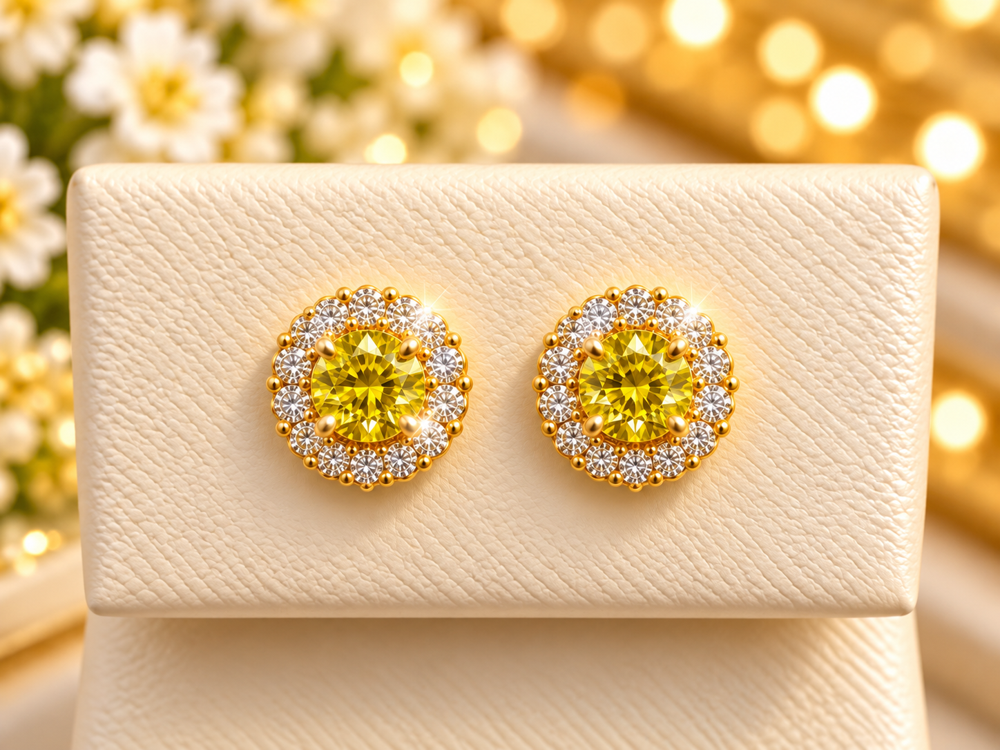 14K Yellow Gold Yellow Children Gemstone Halo Stud Earrings – Brilliant Sparkle & Timeless Elegance