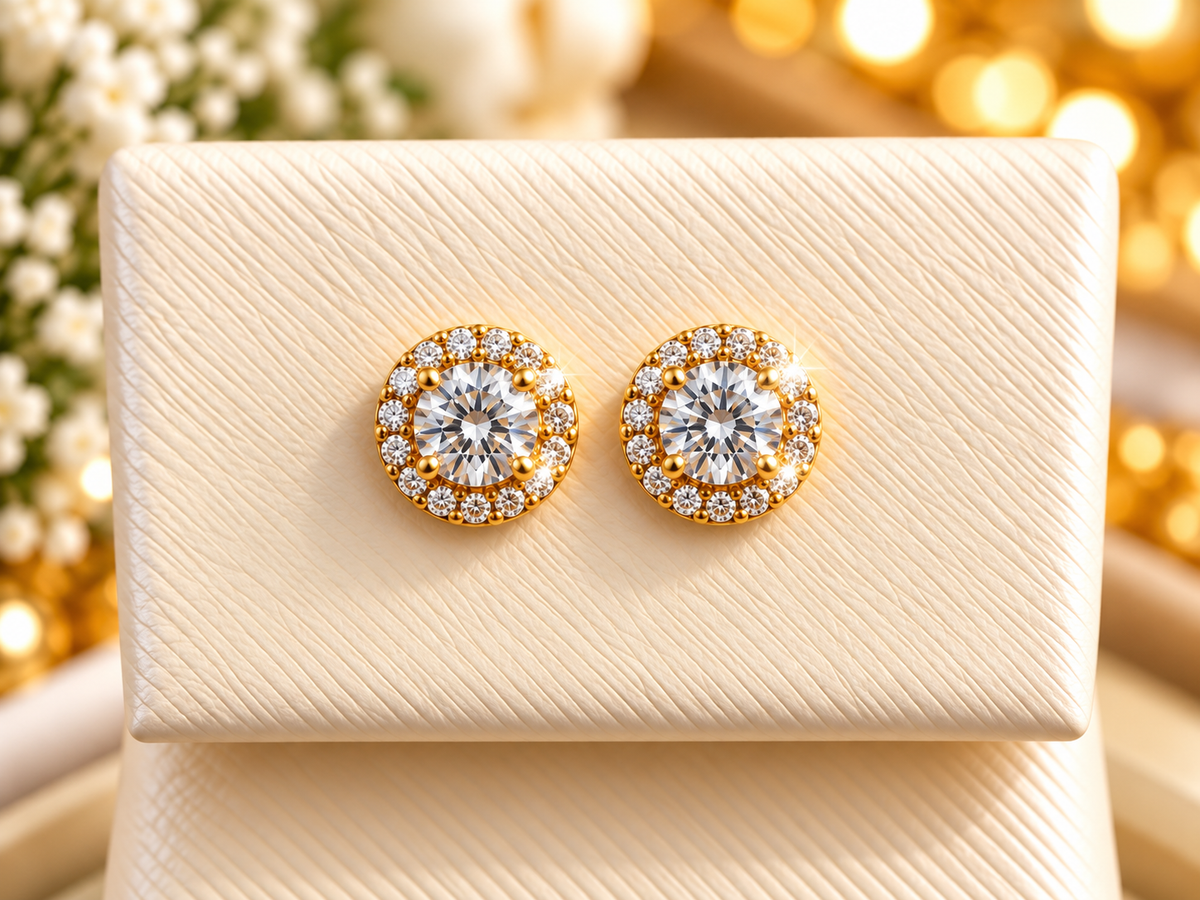 14K Yellow Gold Children Diamond Halo Stud Earrings – Brilliant Round-Cut Design