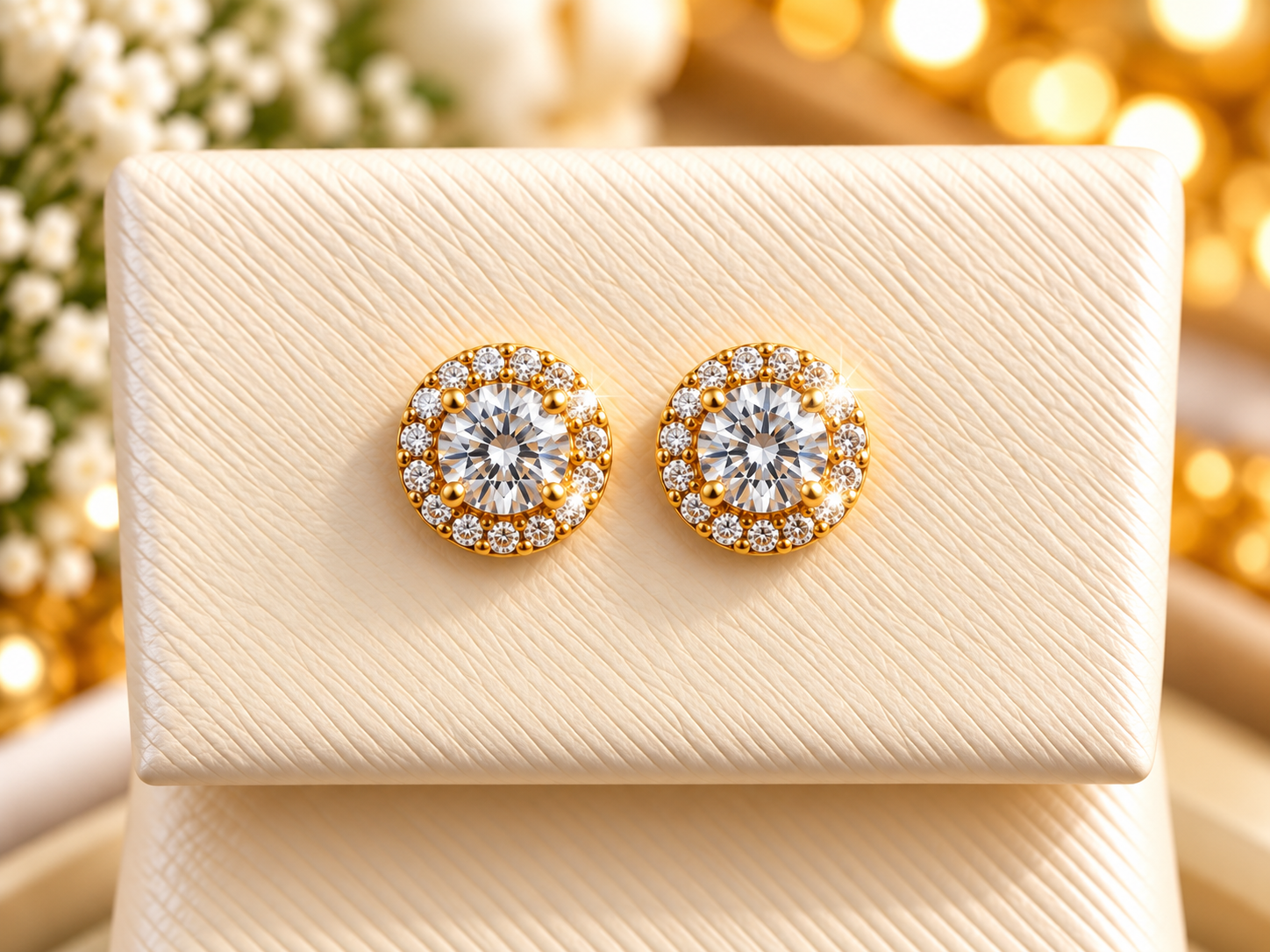 14K Yellow Gold Children Diamond Halo Stud Earrings – Brilliant Round-Cut Design