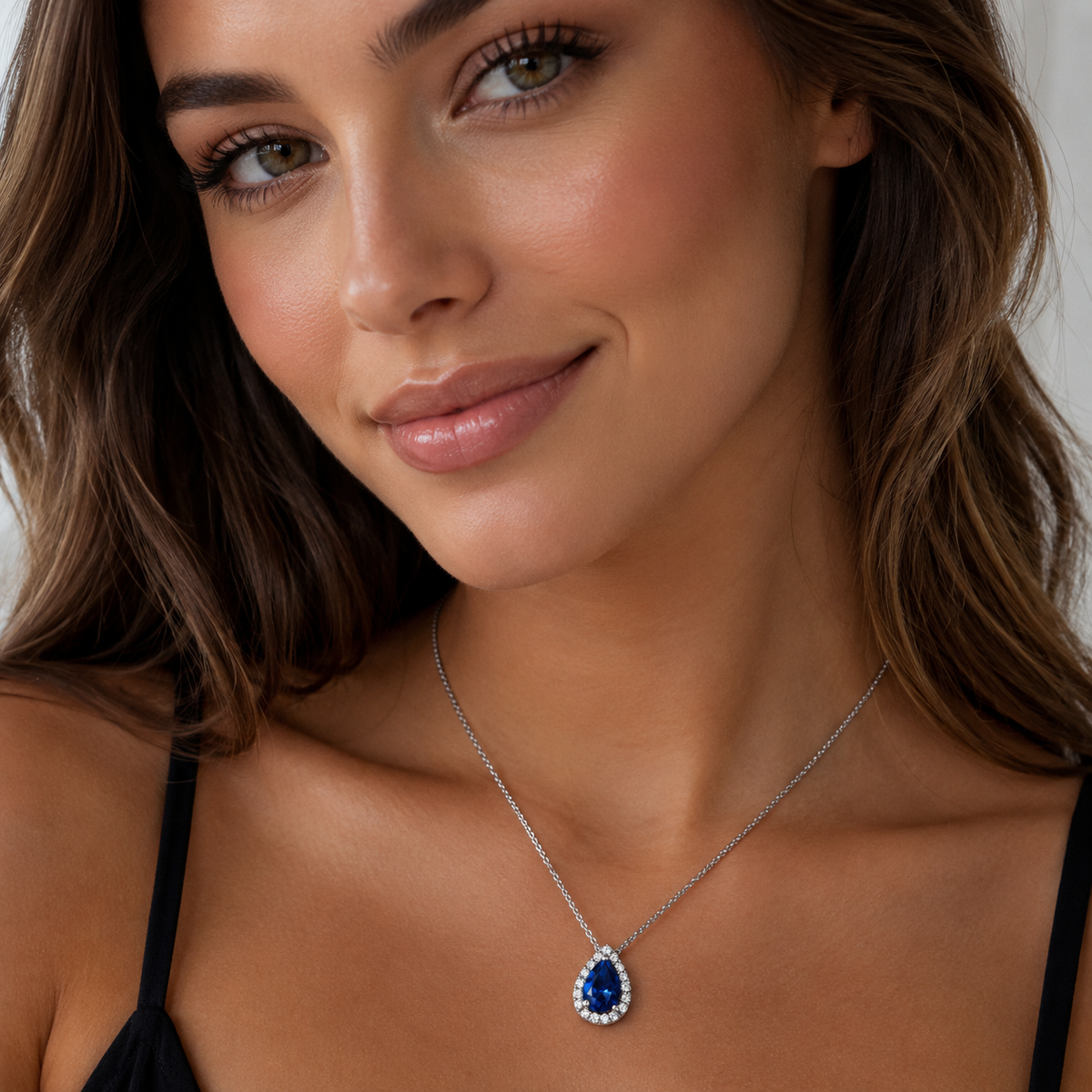 18 inch 14K White Gold Pear Shaped Sapphire and Diamond Halo Pendant Necklace