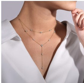 14K Yellow Gold Two Strand Diamond Station Y Necklace