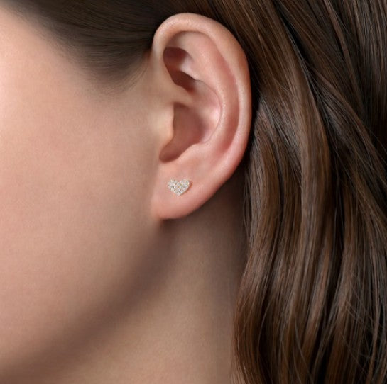 14K Yellow Gold Heart Shaped Pave Diamond Stud Earrings