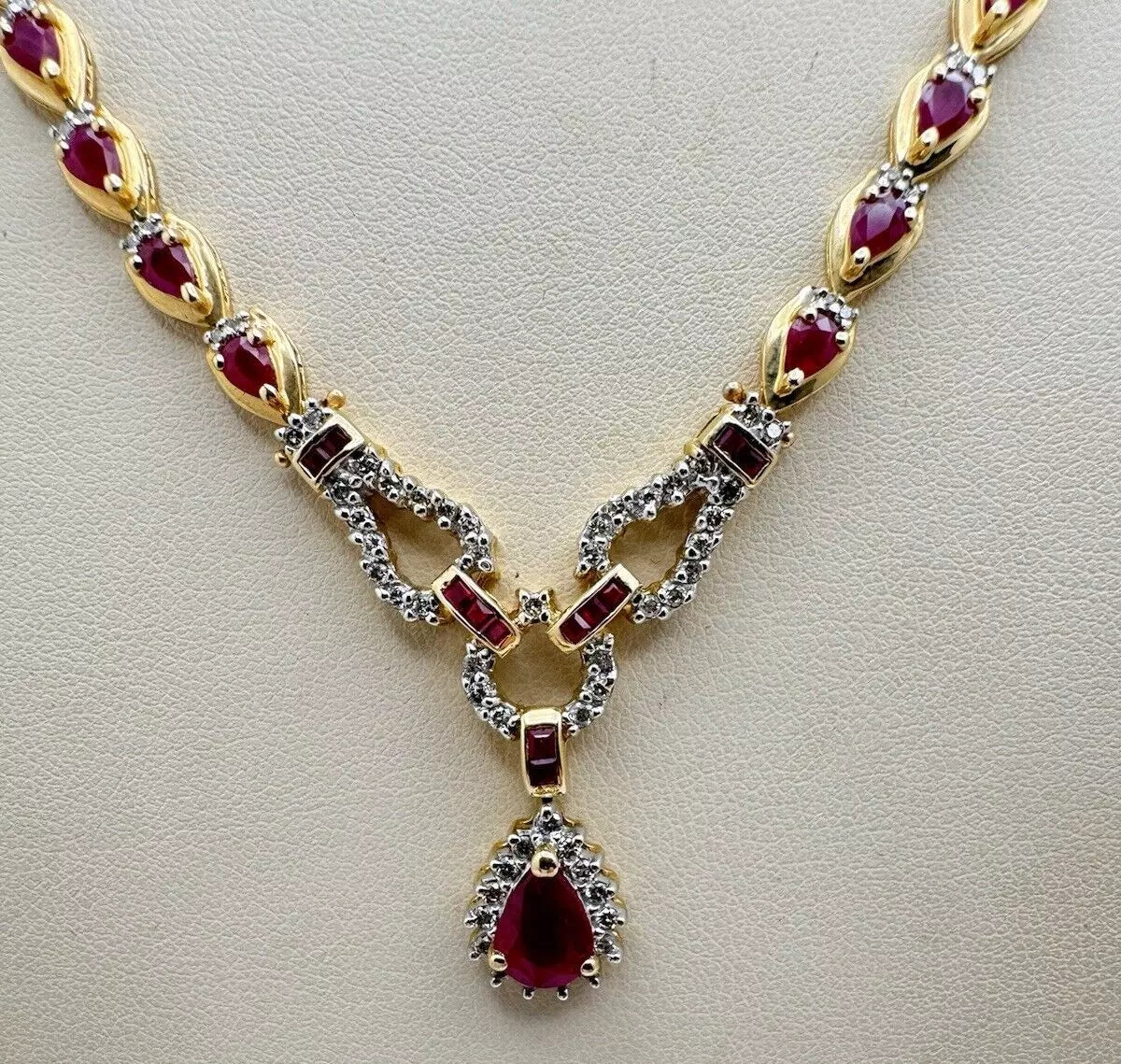 Vintage Estate 14k Yellow Gold Precious Ruby Diamond Toggle Necklace 1.15 ctw