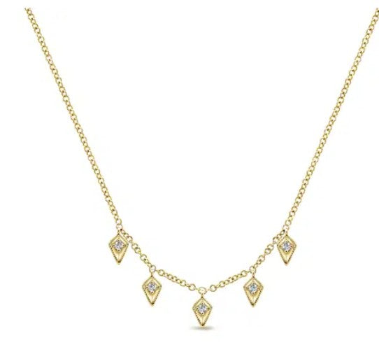14K Yellow Gold Kite Shaped Drops Station Necklace with Diamonds