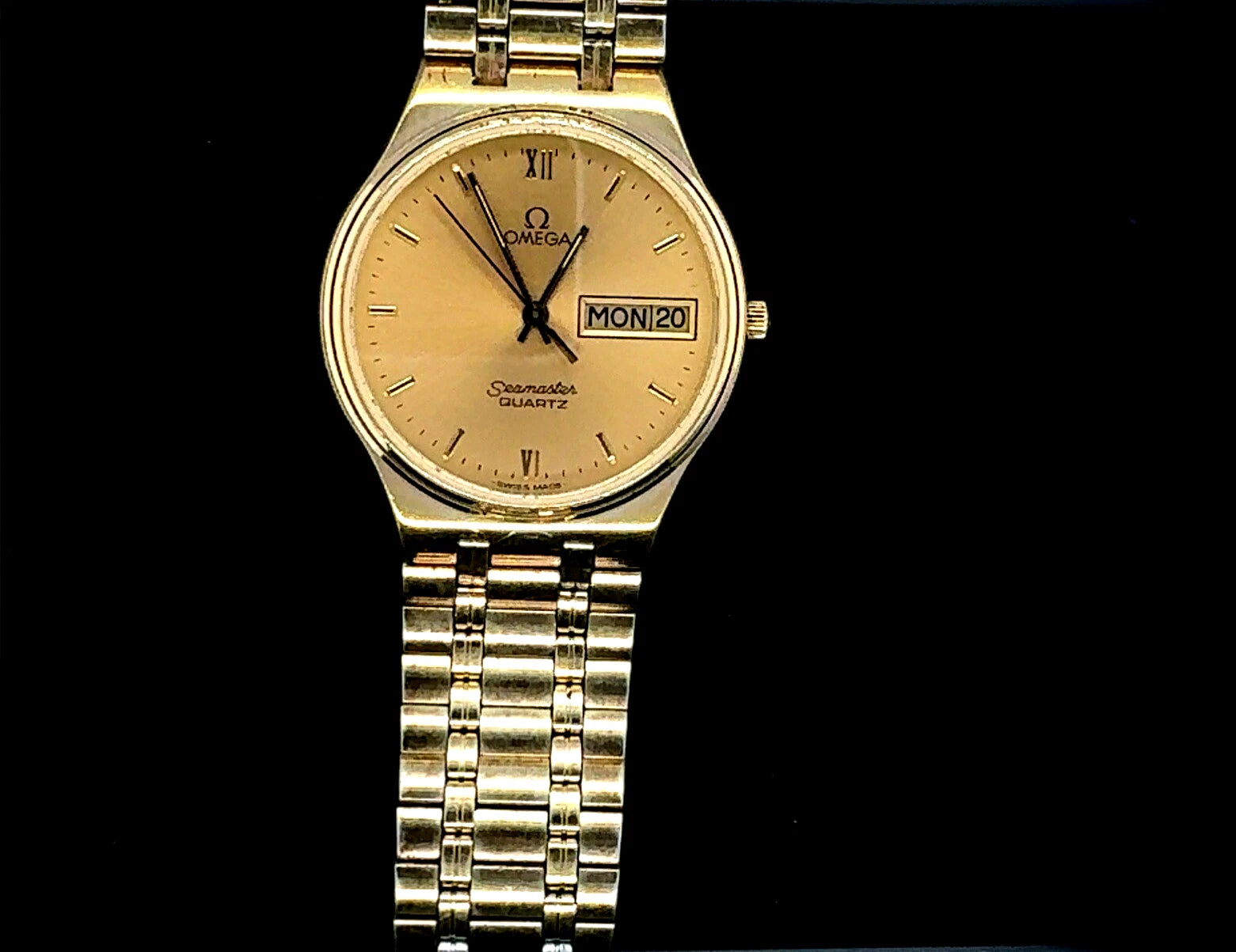 1980s NOS Omega Seamaster Quartz Mens 34mm Gold Plated