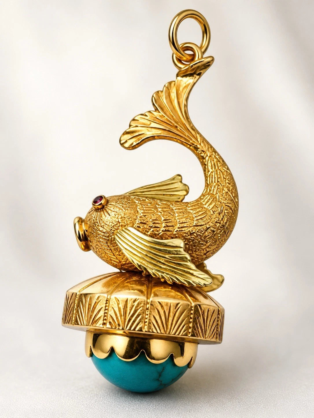 18K Yellow Gold Fish Charm Turquoise Ruby Koi Pendant Vintage Estate
