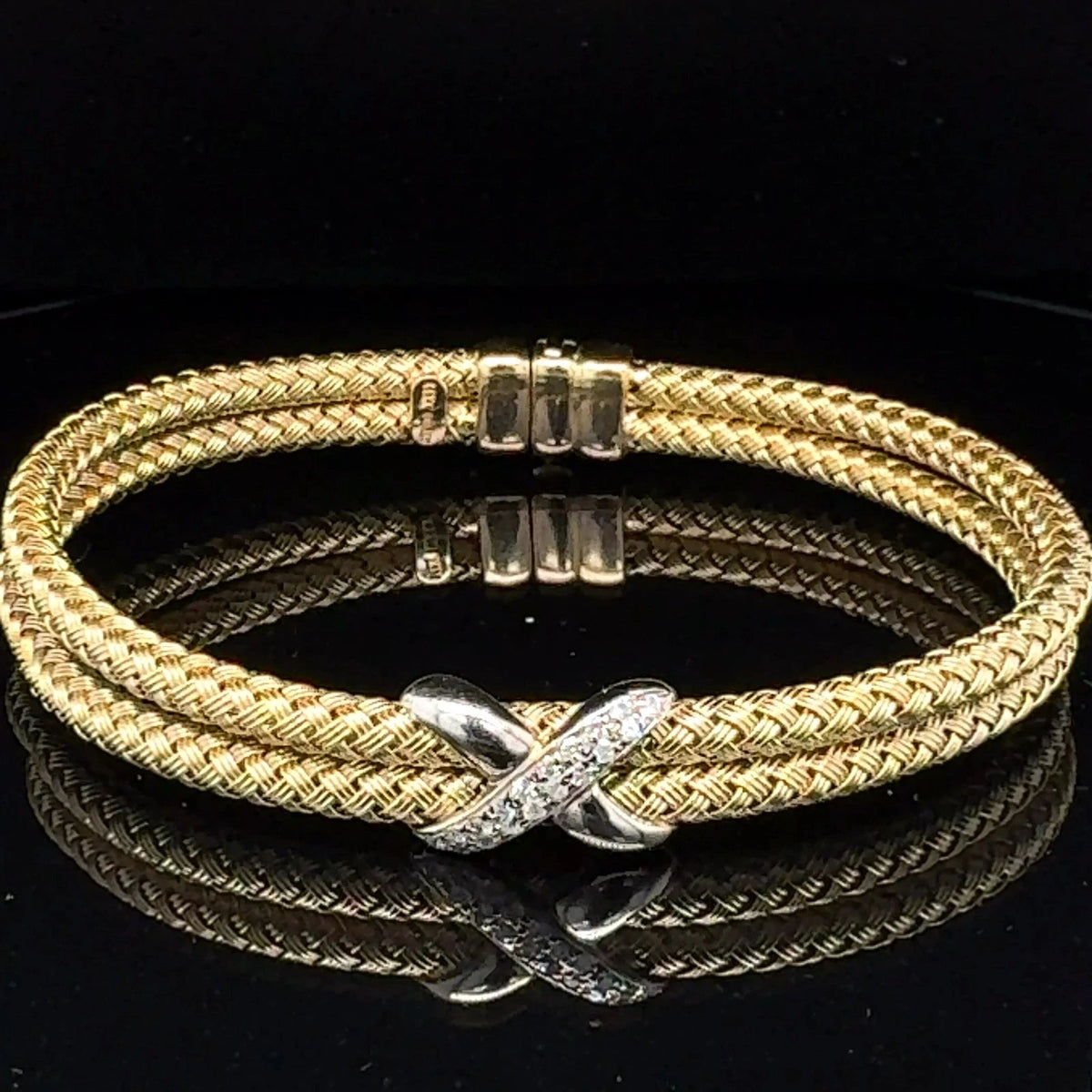 14K Yellow Gold Double Braided Diamond X Bracelet Women’s Luxury Estate Jewelry