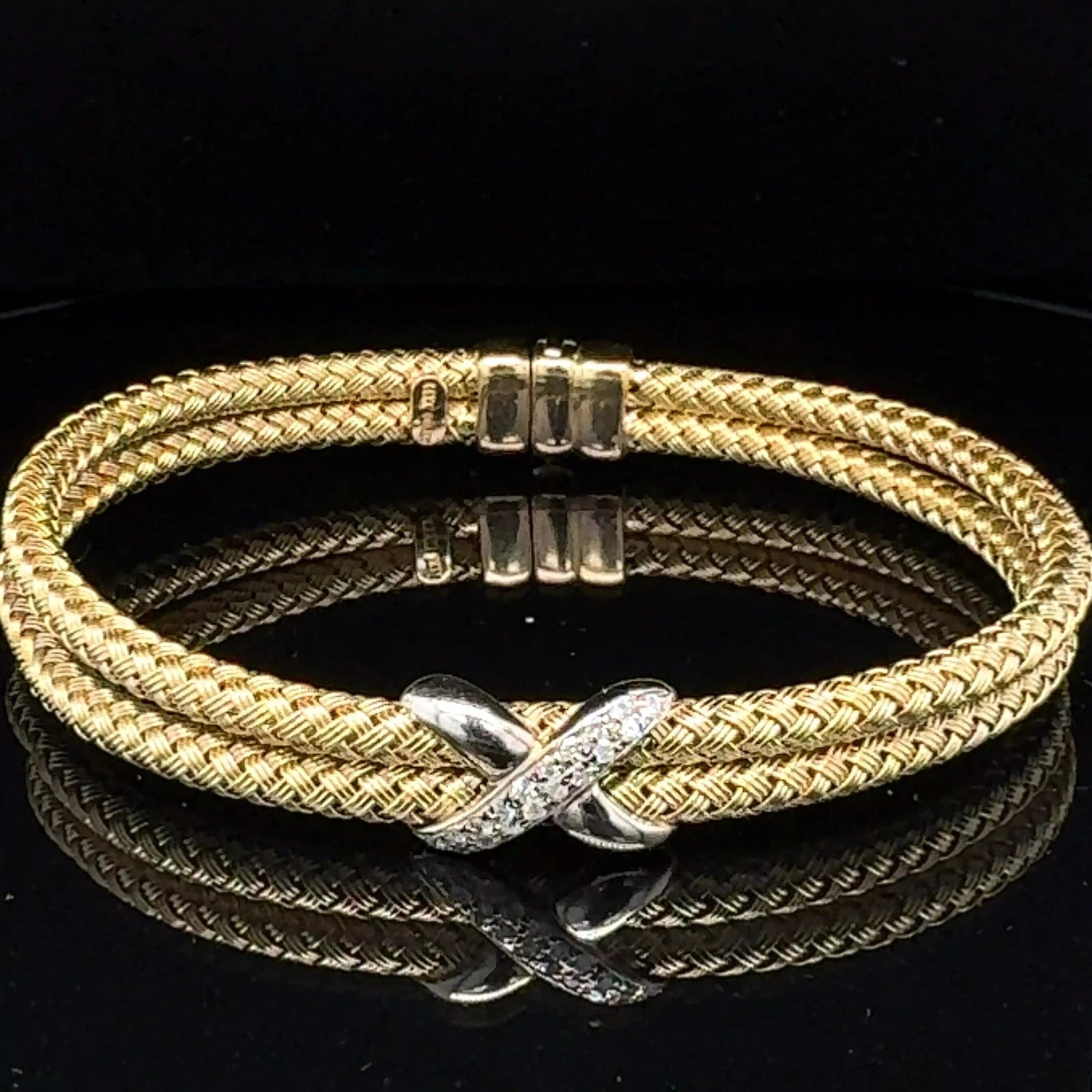 14K Yellow Gold Double Braided Diamond X Bracelet Women’s Luxury Estate Jewelry