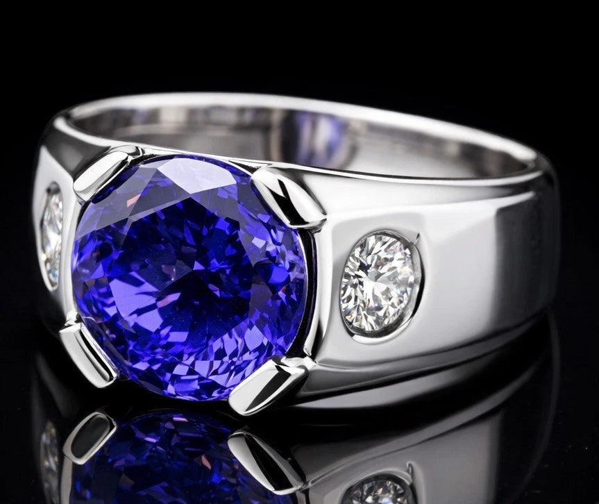 14K White Gold 7.00ct Round Tanzanite Ring w/ 0.46ct Diamond SI1/SI2