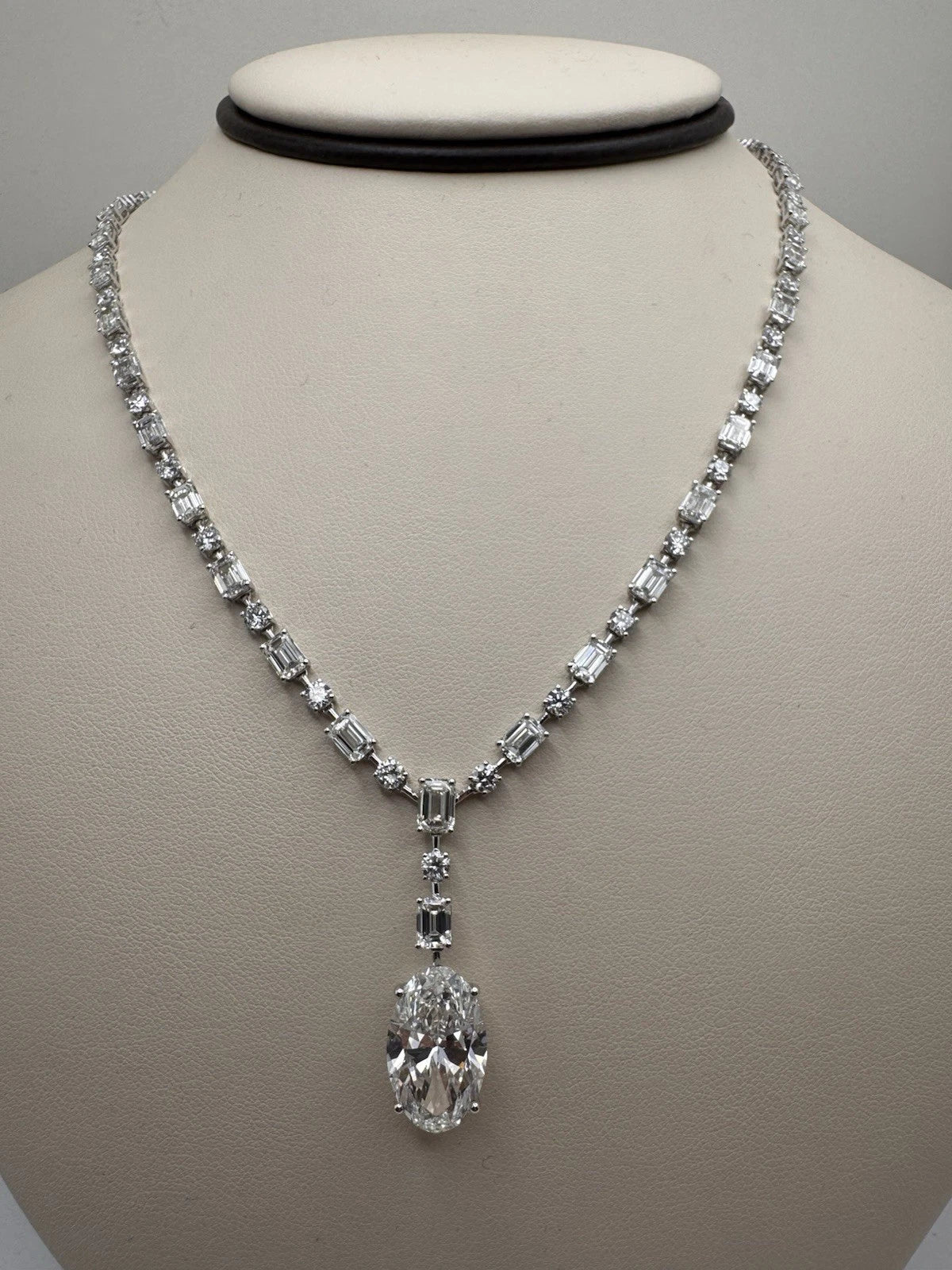 18k White Gold Lab Grown Diamond Oval Drop Tennis Necklace 17.8 Ctw