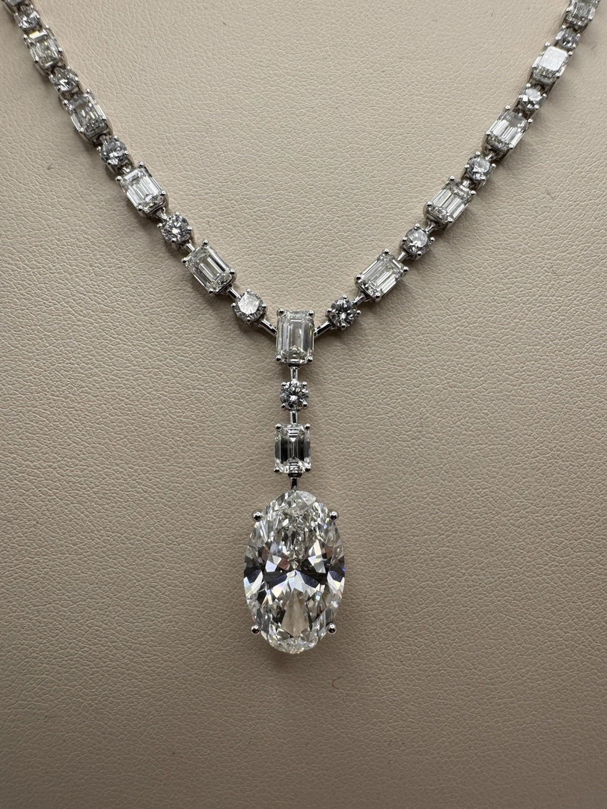 18k White Gold Lab Grown Diamond Oval Drop Tennis Necklace 17.8 Ctw