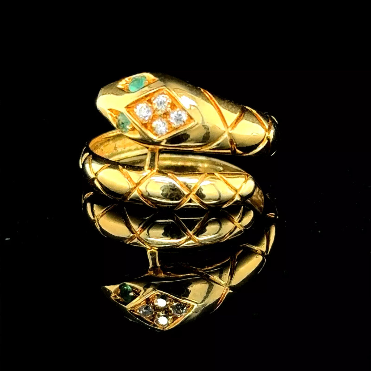 18k Yellow Gold Emerald And Diamond Snake Ring Size 6.5