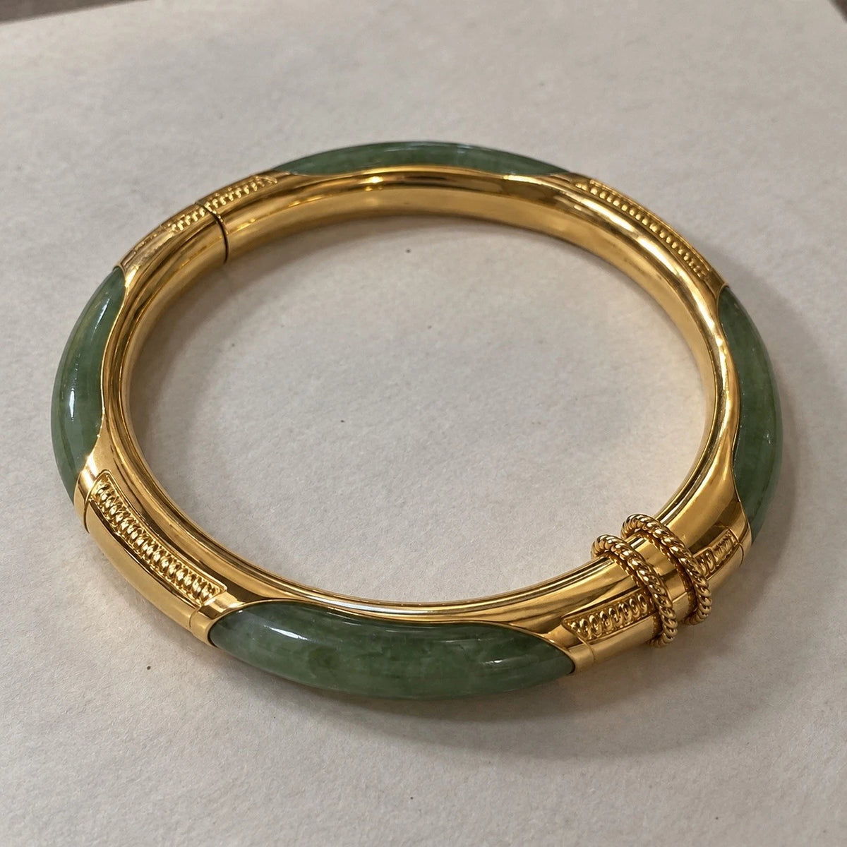 Vintage 14K Yellow Gold &amp; Green Jade Hinged Bangle Bracelet with Safety Chain