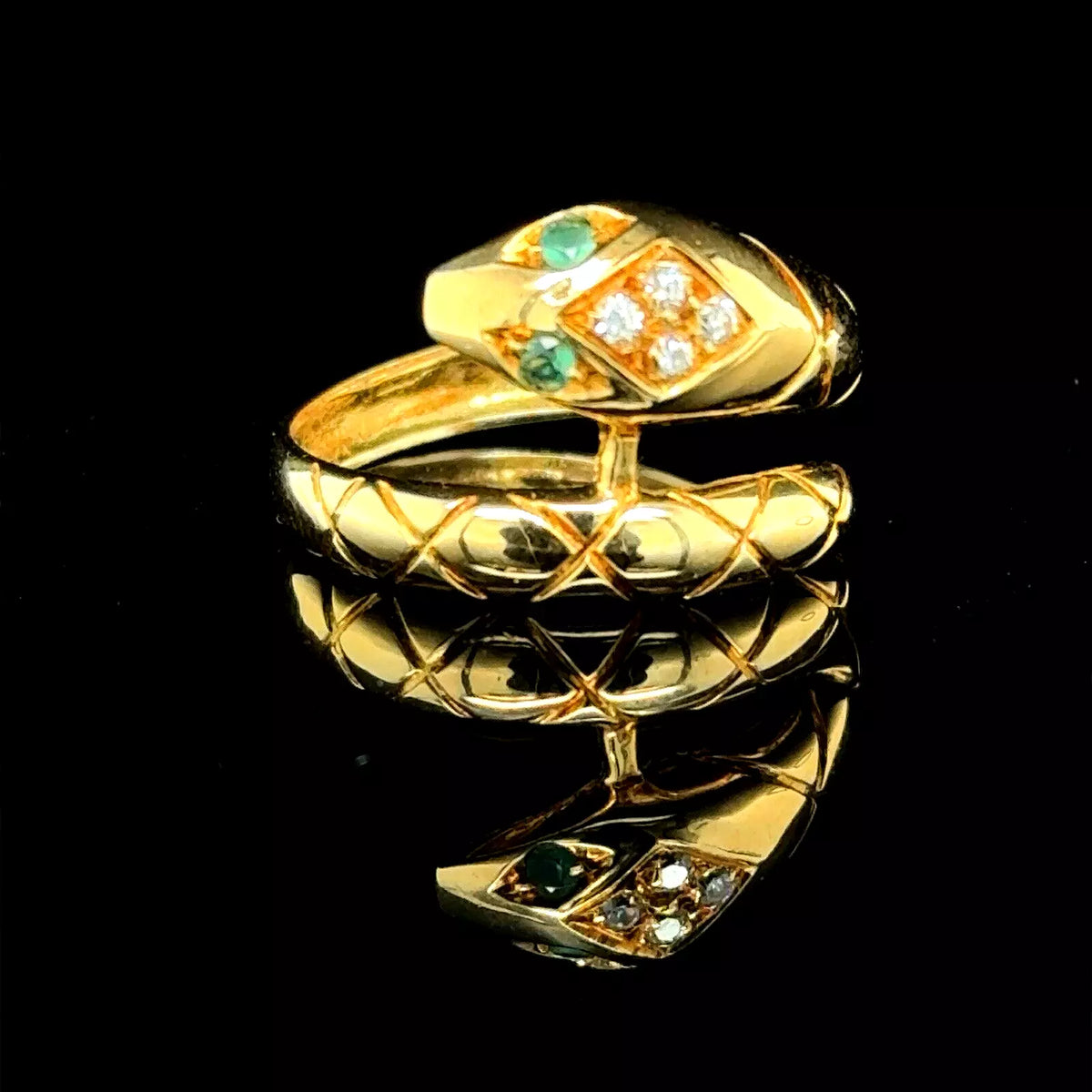 18k Yellow Gold Emerald And Diamond Snake Ring Size 6.5