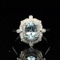 EFFY 14K White Gold Aquamarine Diamond Ring Size 7.5