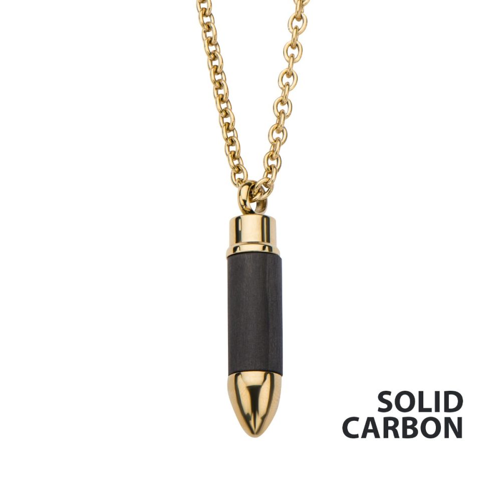 Stainless Steel Gold IP & Carbon Graphite Bullet Pendant with Chain