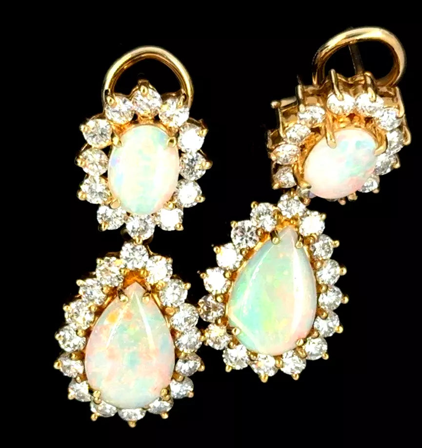 Vintage Estate 14k Yellow Gold Opal Pear Shape Tear Drop Earrings Diamond Halo